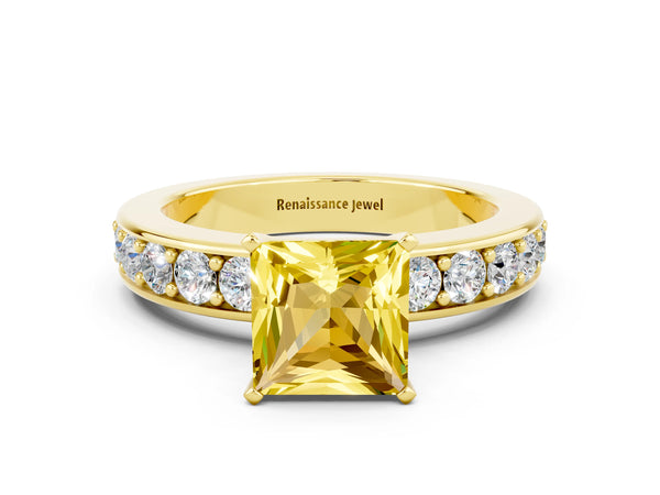 Yellow gold Princess Cut Yellow Sapphire Engagement Ring with Channel Set Round Band and Prong Setting