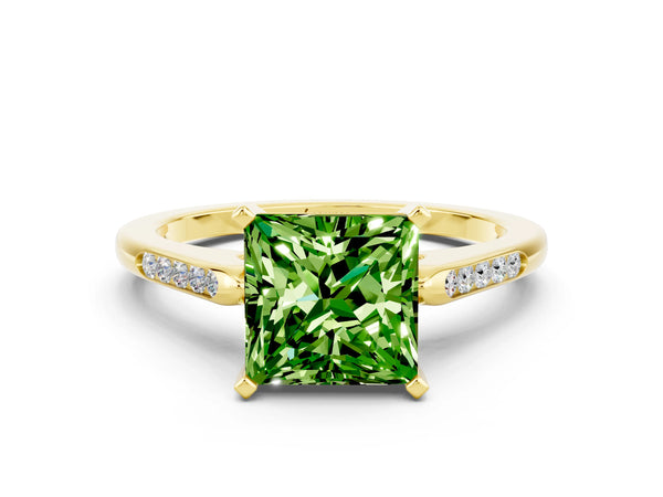 Yellow gold Princess Cut Peridot Solitaire Ring with Channel Set Round Band and Prong Setting