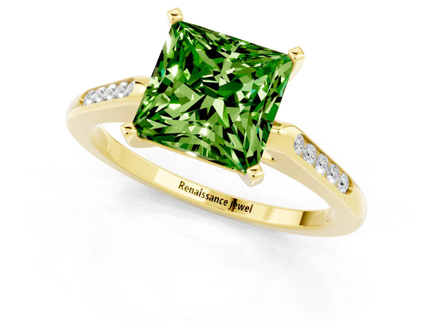 Yellow gold Princess Cut Peridot Solitaire Ring with Channel Set Round Band and Prong Setting