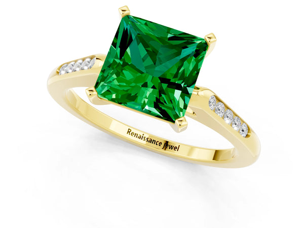 Yellow gold Princess Cut Emerald Solitaire Ring with Channel Set Round Band and Prong Setting