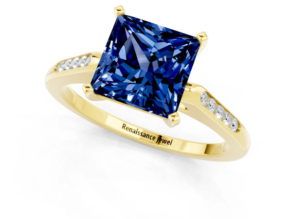 Yellow gold Princess Cut Blue Sapphire Solitaire Ring with Channel Set Round Band and Prong Setting