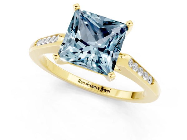 Yellow gold Princess Cut Aquamarine Solitaire Ring with Channel Set Round Band and Prong Setting