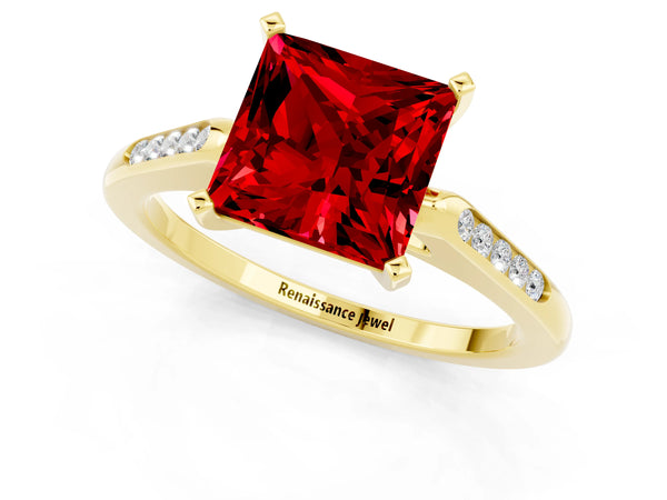 Yellow gold Princess Cut Ruby Solitaire Ring with Channel Set Round Band and Prong Setting