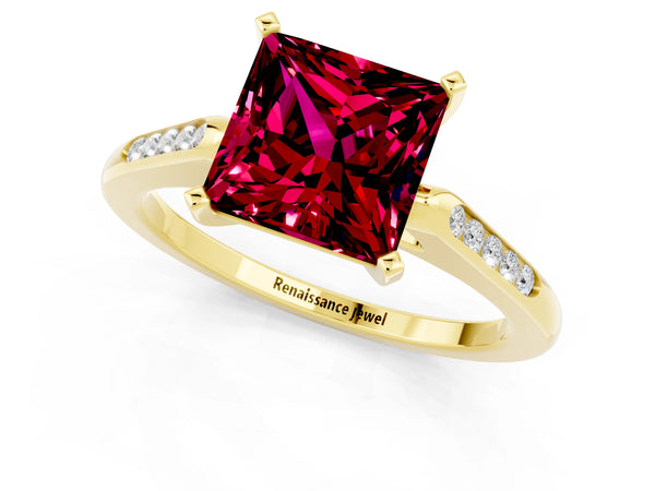 Yellow gold Princess Cut Garnet Solitaire Ring with Channel Set Round Band and Prong Setting