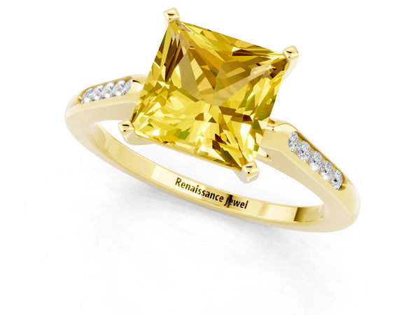 Yellow gold Princess Cut Yellow Sapphire Solitaire Ring with Channel Set Round Band and Prong Setting
