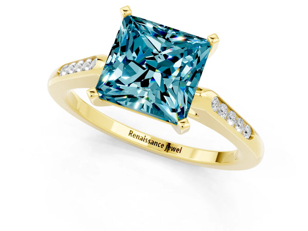 Yellow gold Princess Cut Blue Topaz Solitaire Ring with Channel Set Round Band and Prong Setting