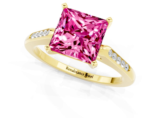 Yellow gold Princess Cut Pink Sapphire Solitaire Ring with Channel Set Round Band and Prong Setting