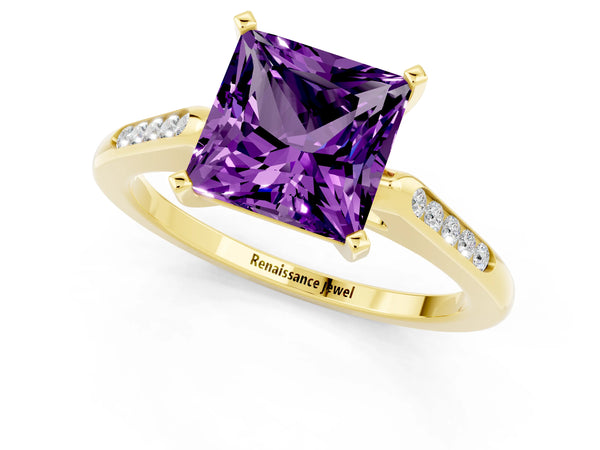 Yellow gold Princess Cut Amethyst Solitaire Ring with Channel Set Round Band and Prong Setting