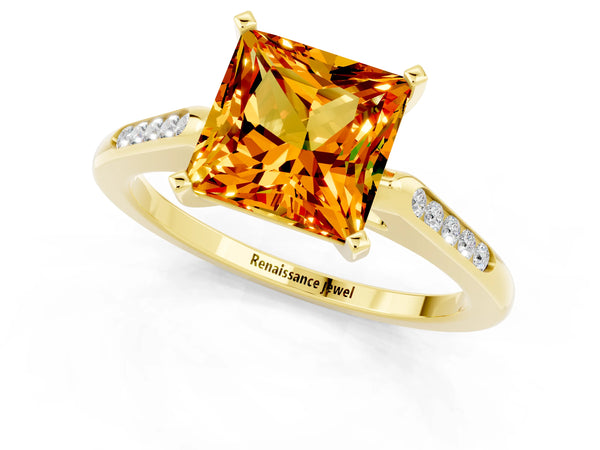 Yellow gold Princess Cut Citrine Solitaire Ring with Channel Set Round Band and Prong Setting