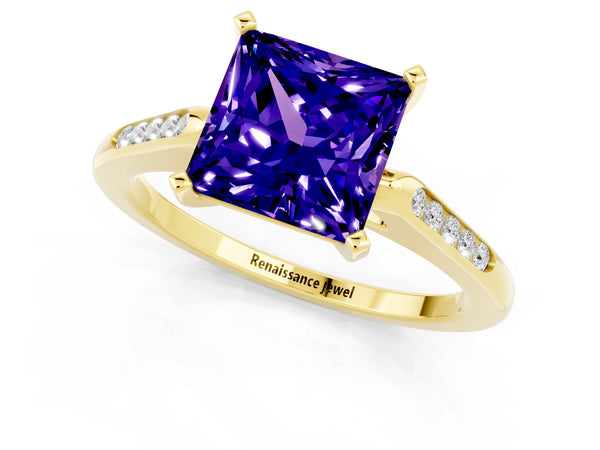 Yellow gold Princess Cut Tanzanite Solitaire Ring with Channel Set Round Band and Prong Setting