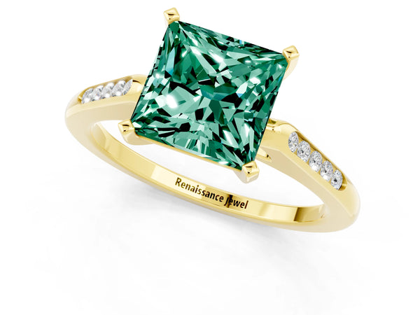 Yellow gold Princess Cut Green Sapphire Solitaire Ring with Channel Set Round Band and Prong Setting