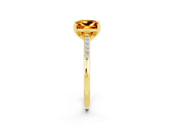 Yellow gold Princess Cut Citrine Solitaire Ring with Channel Set Round Band and Prong Setting