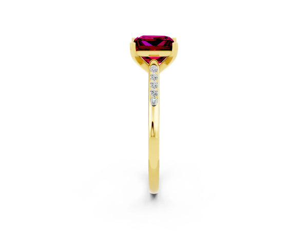 Yellow gold Princess Cut Garnet Solitaire Ring with Channel Set Round Band and Prong Setting