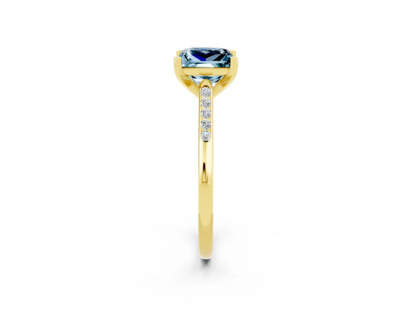 Yellow gold Princess Cut Aquamarine Solitaire Ring with Channel Set Round Band and Prong Setting