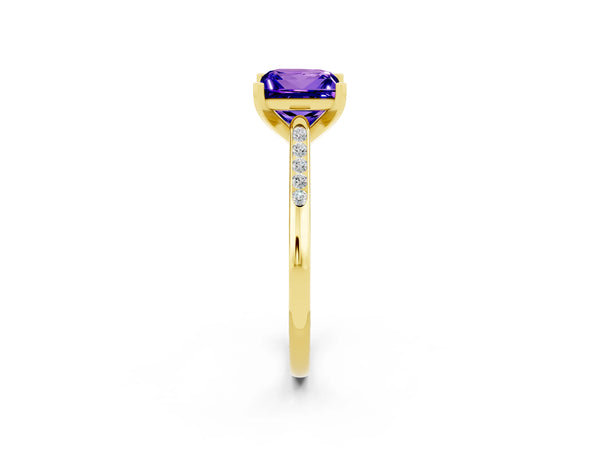 Yellow gold Princess Cut Tanzanite Solitaire Ring with Channel Set Round Band and Prong Setting