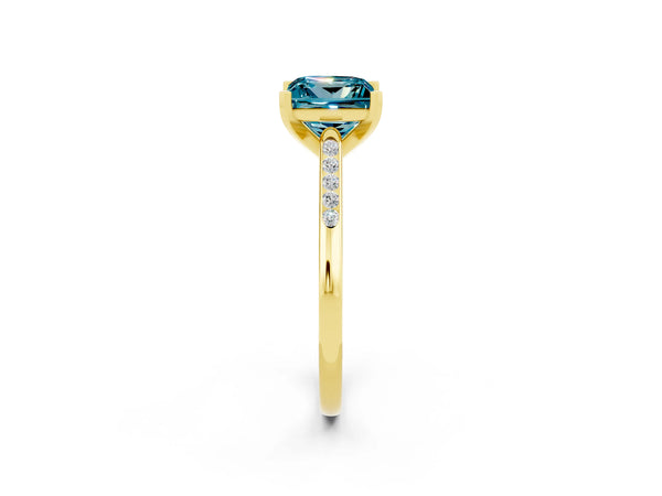 Yellow gold Princess Cut Blue Topaz Solitaire Ring with Channel Set Round Band and Prong Setting