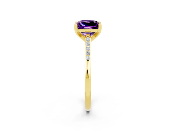 Yellow gold Princess Cut Amethyst Solitaire Ring with Channel Set Round Band and Prong Setting