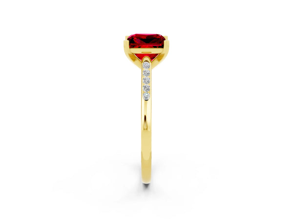 Yellow gold Princess Cut Ruby Solitaire Ring with Channel Set Round Band and Prong Setting