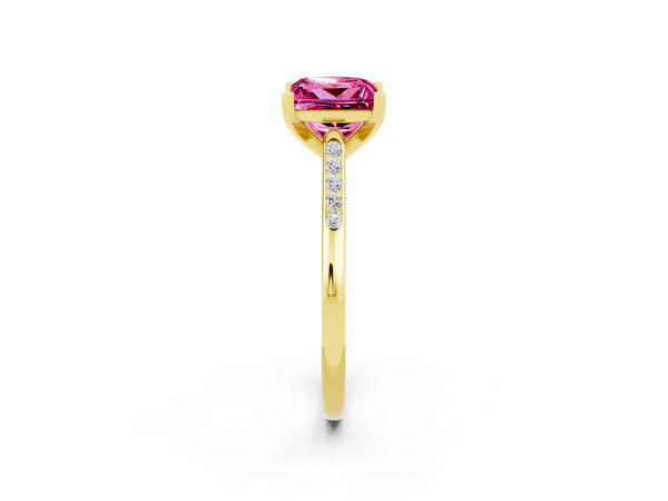 Yellow gold Princess Cut Pink Sapphire Solitaire Ring with Channel Set Round Band and Prong Setting
