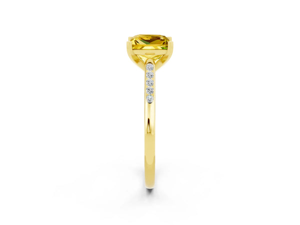 Yellow gold Princess Cut Yellow Sapphire Solitaire Ring with Channel Set Round Band and Prong Setting