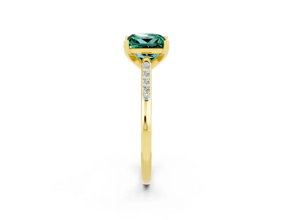 Yellow gold Princess Cut Green Sapphire Solitaire Ring with Channel Set Round Band and Prong Setting