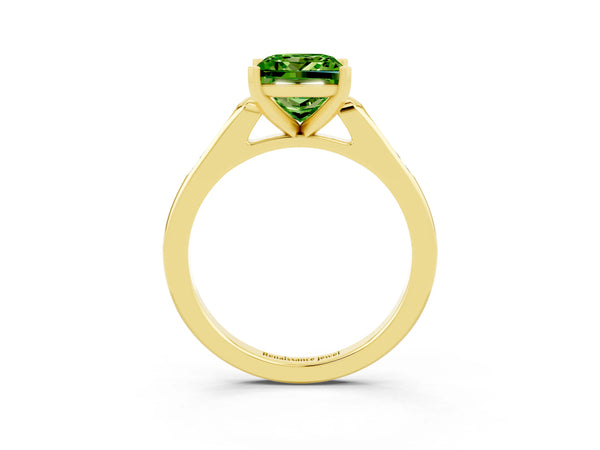 Yellow gold Princess Cut Peridot Solitaire Ring with Channel Set Round Band and Prong Setting