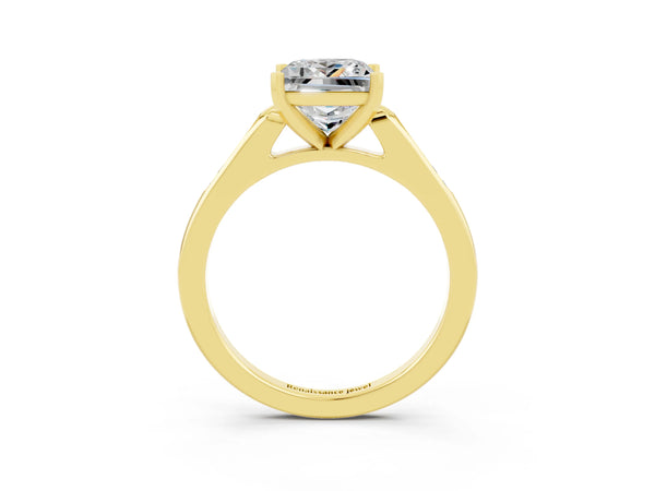 Yellow gold Princess Cut Moissanite Solitaire Ring with Channel Set Round Band and Prong Setting