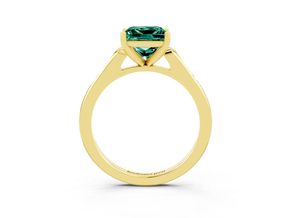 Yellow gold Princess Cut Green Sapphire Solitaire Ring with Channel Set Round Band and Prong Setting