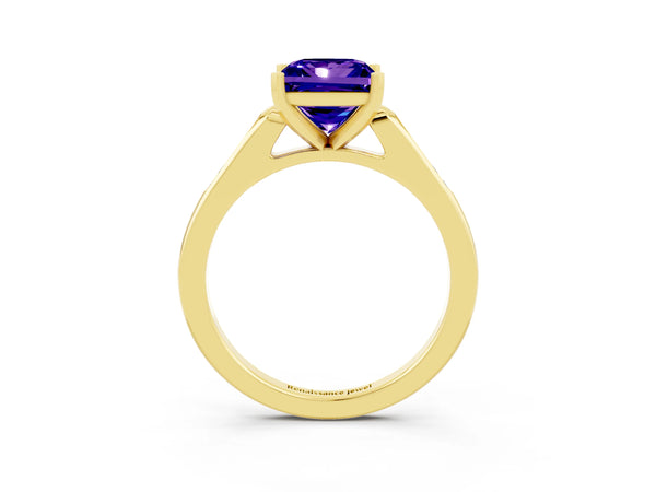Yellow gold Princess Cut Tanzanite Solitaire Ring with Channel Set Round Band and Prong Setting