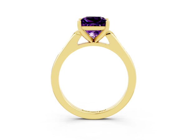 Yellow gold Princess Cut Amethyst Solitaire Ring with Channel Set Round Band and Prong Setting