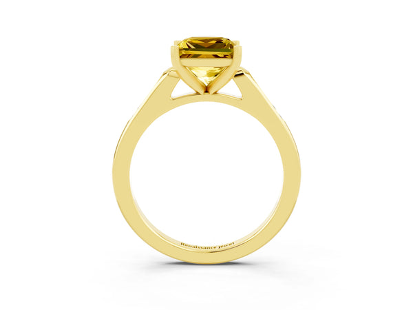Yellow gold Princess Cut Yellow Sapphire Solitaire Ring with Channel Set Round Band and Prong Setting