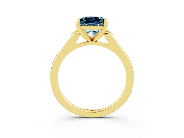 Yellow gold Princess Cut Aquamarine Solitaire Ring with Channel Set Round Band and Prong Setting