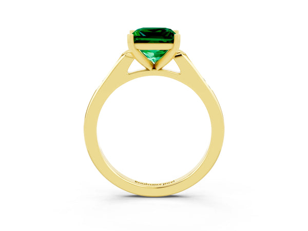 Yellow gold Princess Cut Emerald Solitaire Ring with Channel Set Round Band and Prong Setting