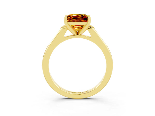 Yellow gold Princess Cut Citrine Solitaire Ring with Channel Set Round Band and Prong Setting