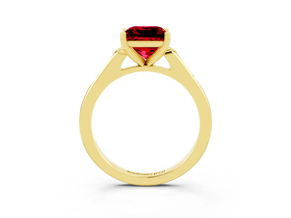 Yellow gold Princess Cut Ruby Solitaire Ring with Channel Set Round Band and Prong Setting