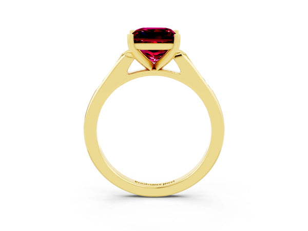 Yellow gold Princess Cut Garnet Solitaire Ring with Channel Set Round Band and Prong Setting