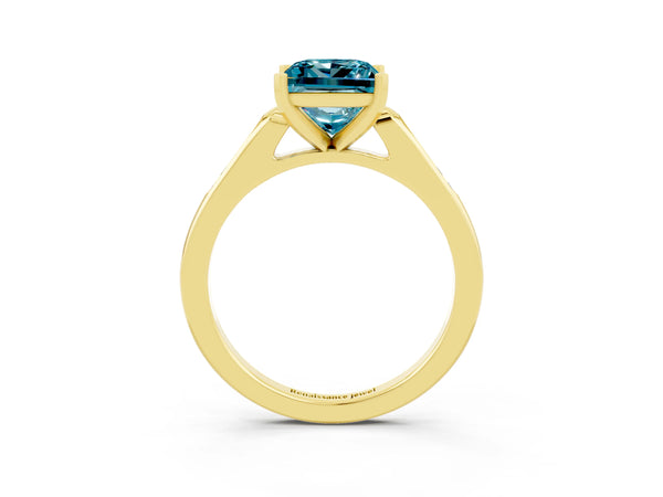 Yellow gold Princess Cut Blue Topaz Solitaire Ring with Channel Set Round Band and Prong Setting