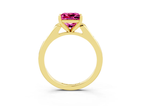 Yellow gold Princess Cut Pink Sapphire Solitaire Ring with Channel Set Round Band and Prong Setting