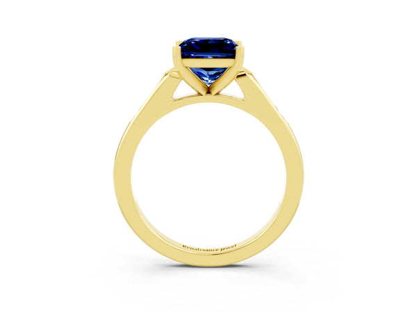 Yellow gold Princess Cut Blue Sapphire Solitaire Ring with Channel Set Round Band and Prong Setting