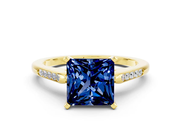 Yellow gold Princess Cut Blue Sapphire Solitaire Ring with Channel Set Round Band and Prong Setting