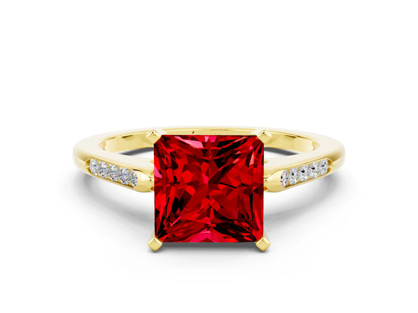 Yellow gold Princess Cut Ruby Solitaire Ring with Channel Set Round Band and Prong Setting