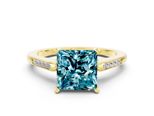 Yellow gold Princess Cut Blue Topaz Solitaire Ring with Channel Set Round Band and Prong Setting
