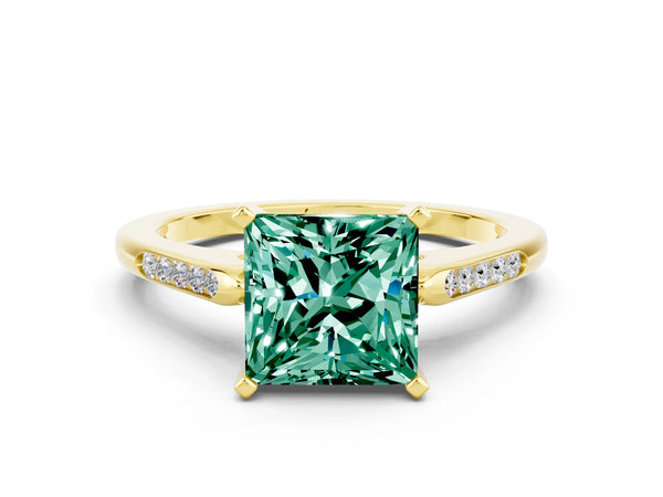 Yellow gold Princess Cut Green Sapphire Solitaire Ring with Channel Set Round Band and Prong Setting