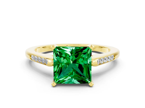 Yellow gold Princess Cut Emerald Solitaire Ring with Channel Set Round Band and Prong Setting