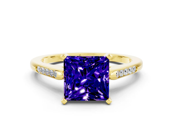 Yellow gold Princess Cut Tanzanite Solitaire Ring with Channel Set Round Band and Prong Setting