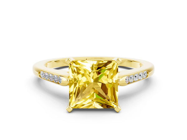 Yellow gold Princess Cut Yellow Sapphire Solitaire Ring with Channel Set Round Band and Prong Setting