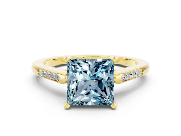 Yellow gold Princess Cut Aquamarine Solitaire Ring with Channel Set Round Band and Prong Setting