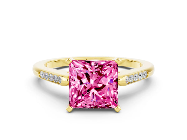 Yellow gold Princess Cut Pink Sapphire Solitaire Ring with Channel Set Round Band and Prong Setting