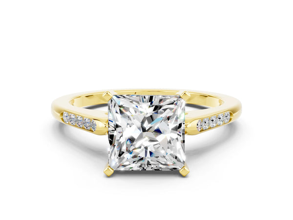 Yellow gold Princess Cut Moissanite Solitaire Ring with Channel Set Round Band and Prong Setting