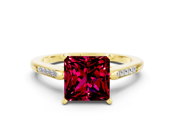 Yellow gold Princess Cut Garnet Solitaire Ring with Channel Set Round Band and Prong Setting